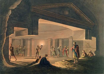 Interiörvy över katakomberna i Alexandria, plansch 11 ur «Utsikter i Egypten», graverad av Thomas Milton (1743-1827), utgiven av Robert Bowyer (1758-1834), 1802